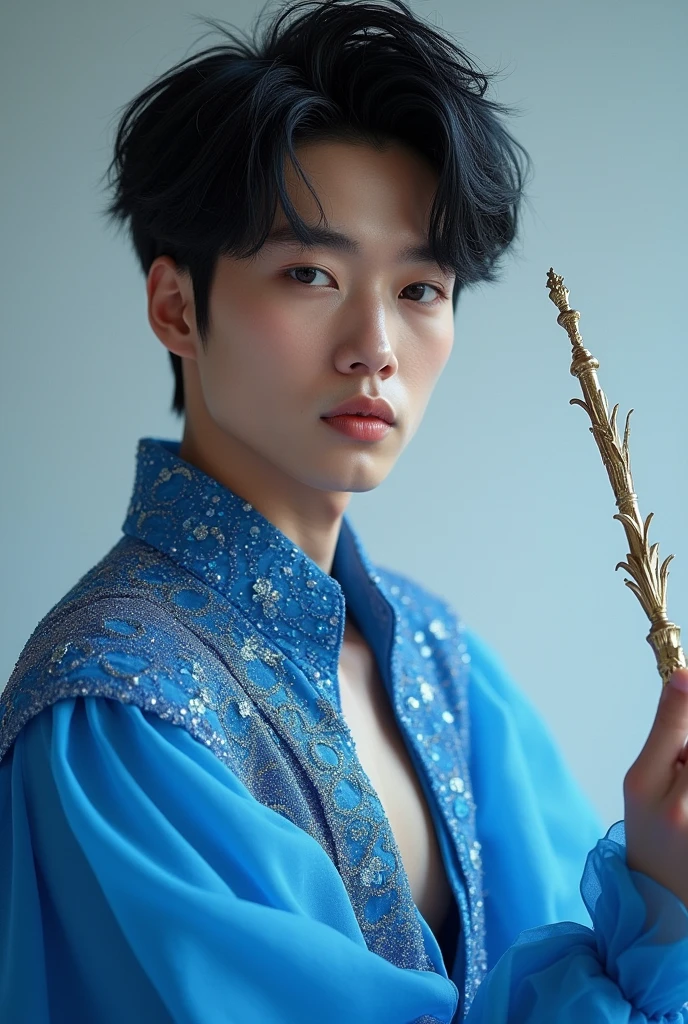 one men ( Seokjin) young and extremely handsome, wearing a blue dress with shiny details. Makeup further accentuated her beauty. wand in hand