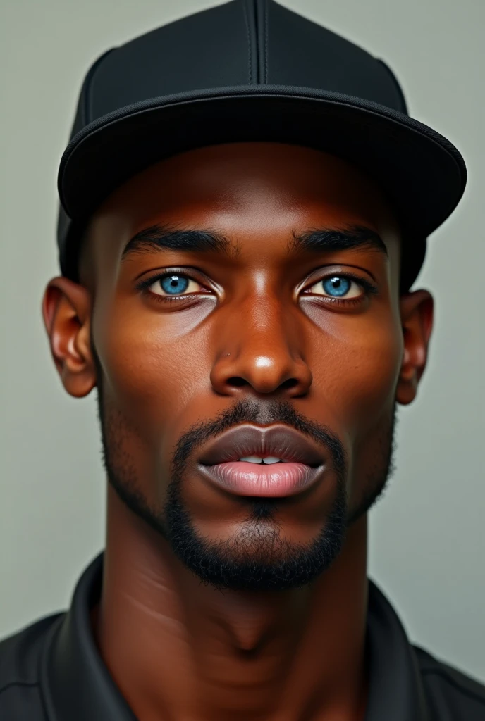 African man with skin color like Ronaldinho, approximately 1, blue colored eyes.
wearing black cap