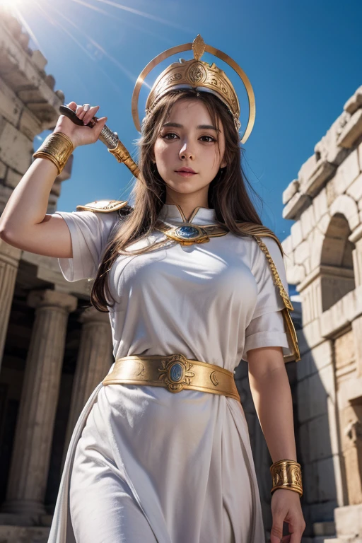 goddess athena, white robes with her goddess armor, shining in the sun, ultra realistic hd, 4k