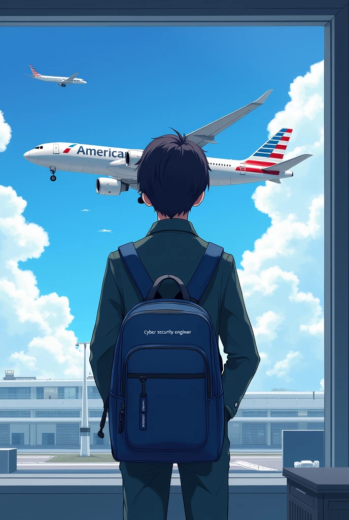 Cyber security engineer is in airport watching plane flying with his bag
In his school bag   it's clearly written Cyber security engineer 
Matched with his dress colour 
Anime character
Good hairstyle 
In plane it's written American airlines 