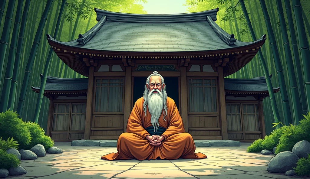 An elderly Zen master, Koji, sits peacefully in front of his temple, which is surrounded by towering bamboo trees. Koji is dressed in simple, traditional robes and has a calm, wise expression on his face. The sunlight filters through the bamboo leaves, casting dappled light on the ground and the temple's wooden structure. The setting exudes a sense of tranquility and deep wisdom." In Comic style give long hair and beard