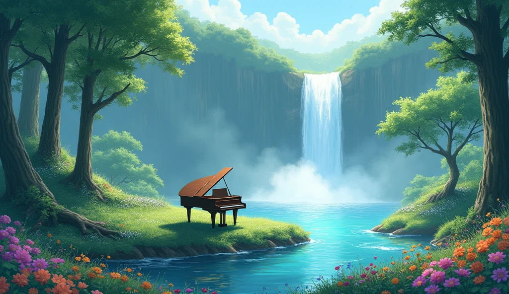 This image is、I draw tranquil natural scenery.。In the center is a grand piano placed on the island.、A waterfall cascades in the background.、Lush tree々It is surrounded by。In the foreground there are colorful flowers、The soft light of early morning or evening envelops the whole.。This scene、It creates a peaceful and magical atmosphere.。Fantastic watercolor style。Makoto Shinkai-style anime。Green foliage tree