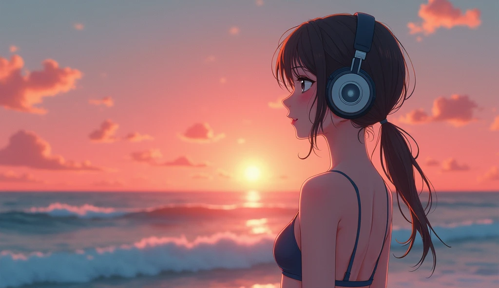 Perfect image, 8k, high school girl、Mature、 Using headphones, 2D-style animation, Lo-Fi, Swimwear、Beach、evening、Emotional、Retro、Anime style illustrations