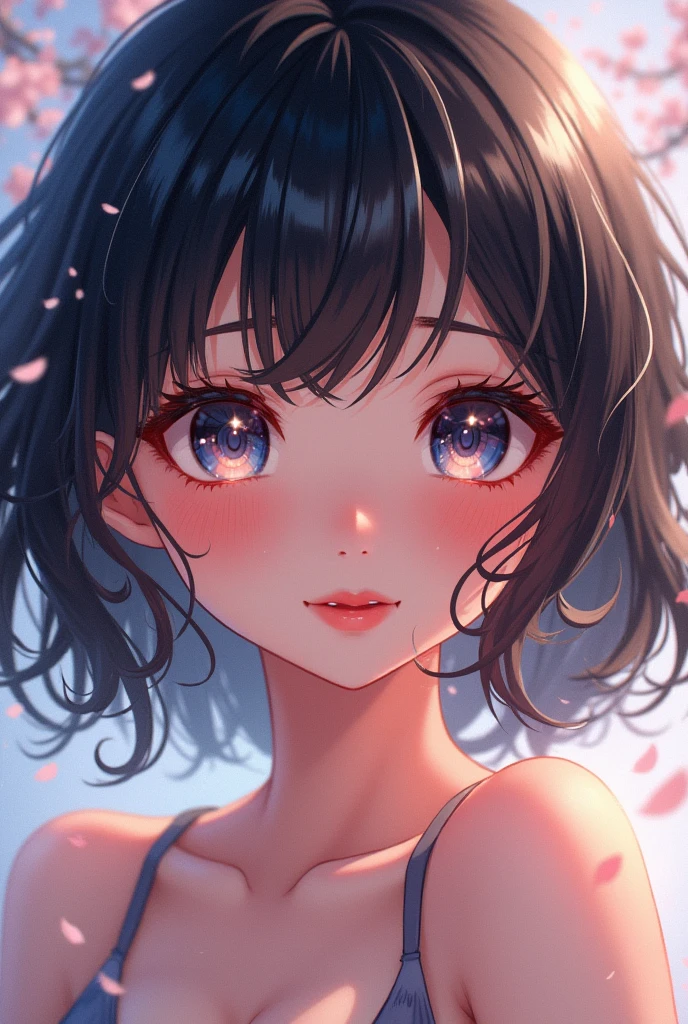 Charming anime girls captivate viewers with their ethereal beauty. Her shiny black hair accentuates her delicate features, and her large, expressive eyes sparkle with joy. Digital painting brings this stunning character to life