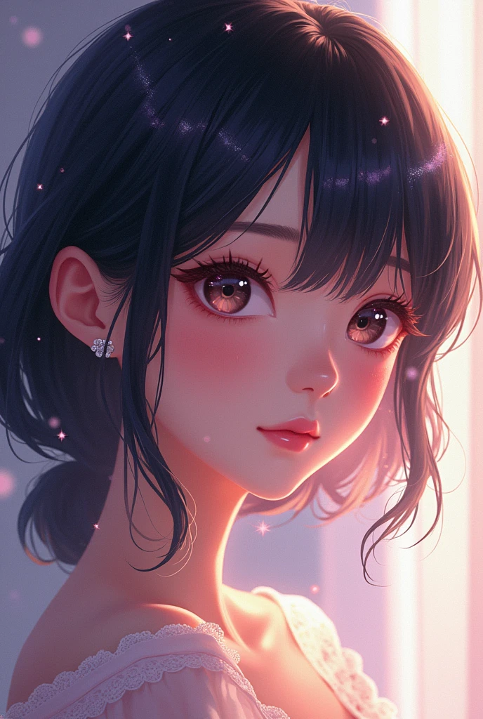 Charming anime girls captivate viewers with their ethereal beauty. Her shiny black hair accentuates her delicate features, and her large, expressive eyes sparkle with joy. Digital painting brings this stunning character to life