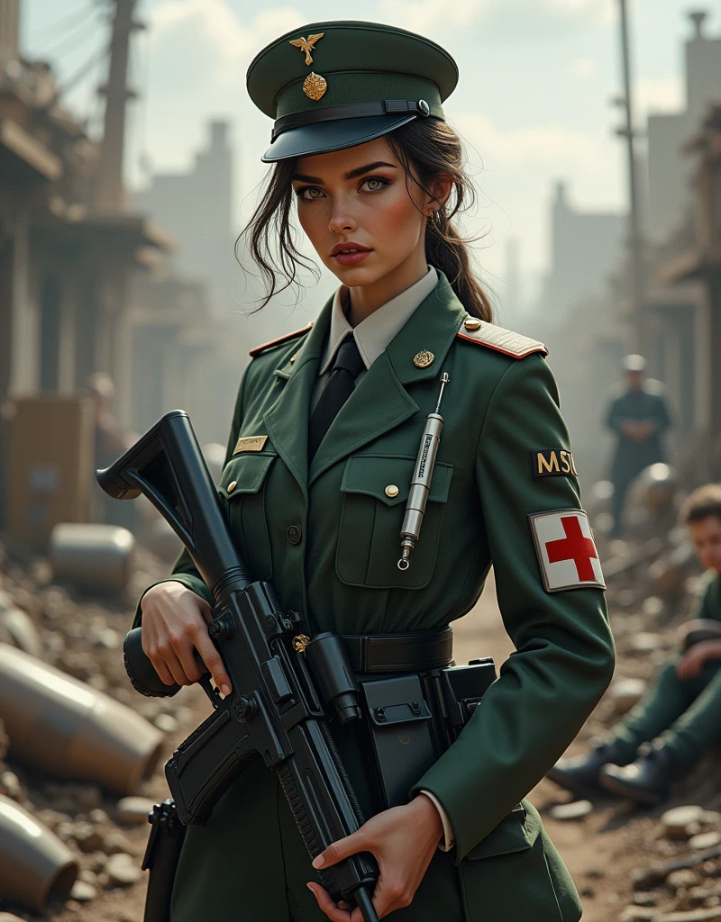 (Photorealism:1.2), beautiful armed woman, Conscript, syringe, stethoscope, battleground, Military uniform with red cross mark