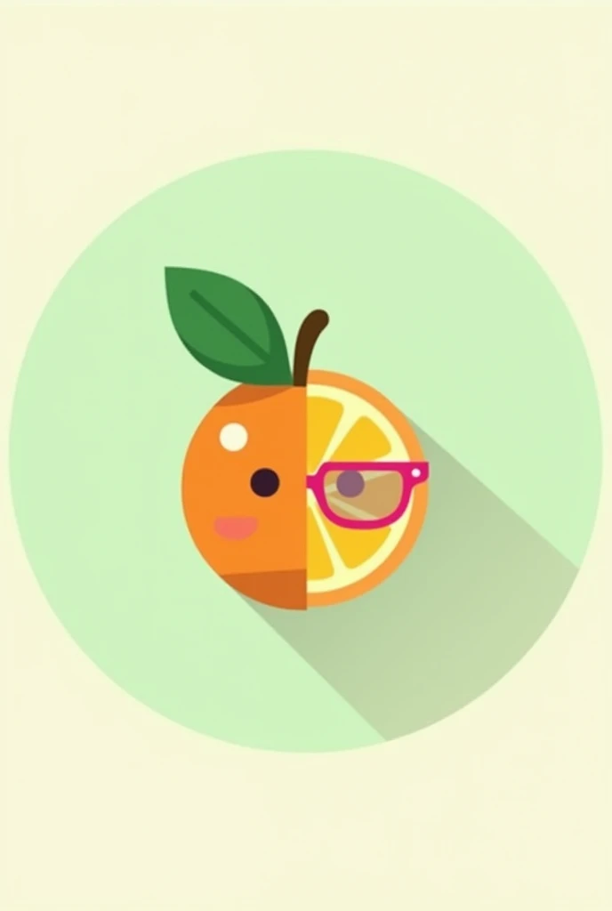 On a light green circular background. With a minimalist style for logo Draw 2 half oranges. Each Half must be animated with an identity, The first one should be male with a leaf-shaped pompadour hairstyle and the other female with pink glasses.