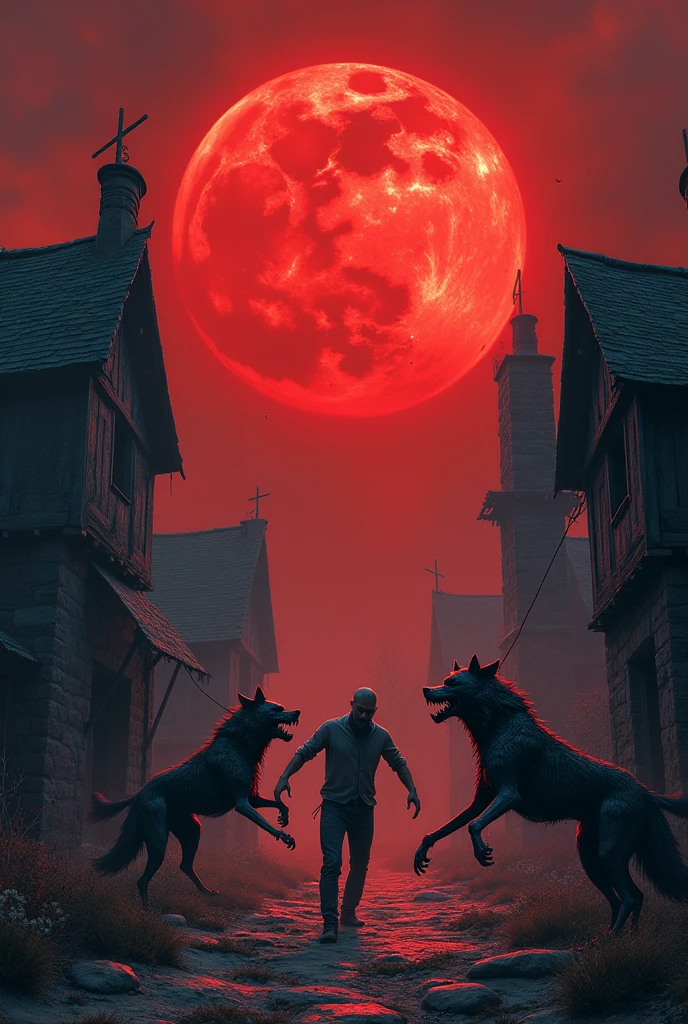 Ancient residences and a blood-colored moon , zombie wolves killing a man