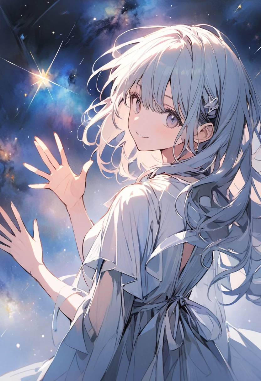 Woman looking back at the stars, galaxy sky, waving hands, hopeful, powerful, creative.