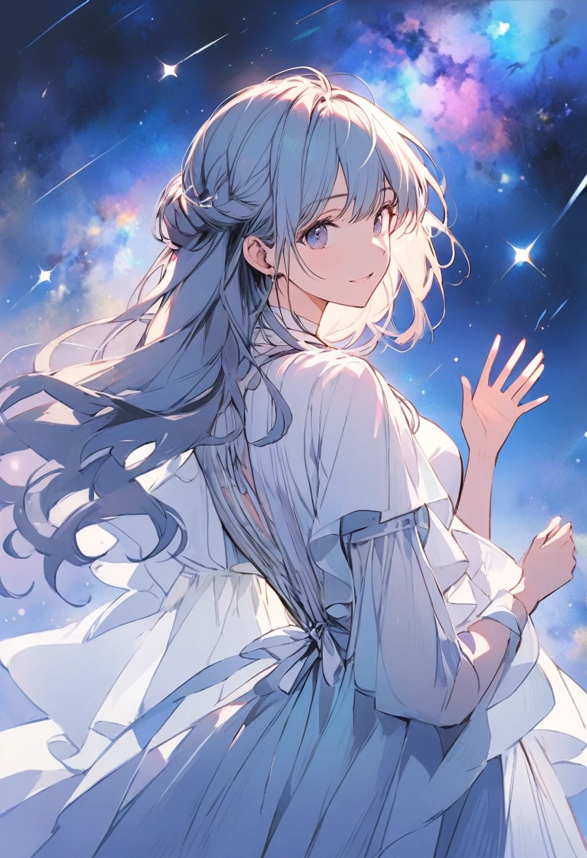 Woman looking back at the stars, galaxy sky, waving hands, hopeful, powerful, creative.
