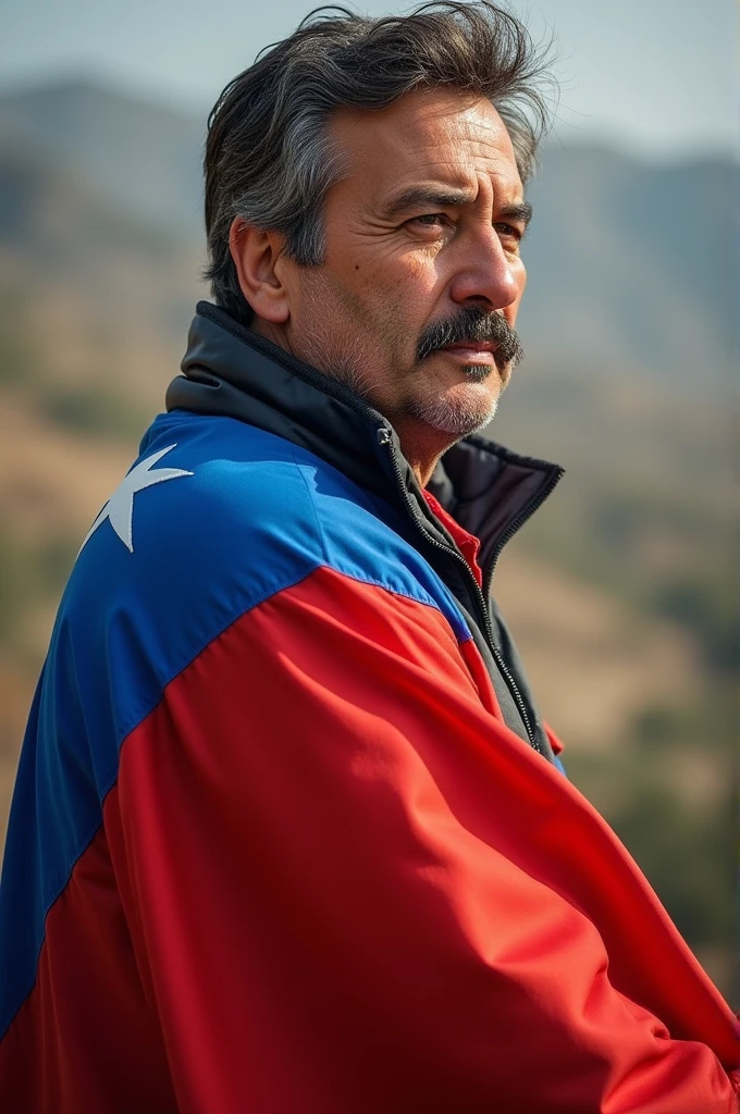 Make an image of a Chilean hero with his clothes in the colors of the flag and him with Pinochet&#39;s face (dictator) 