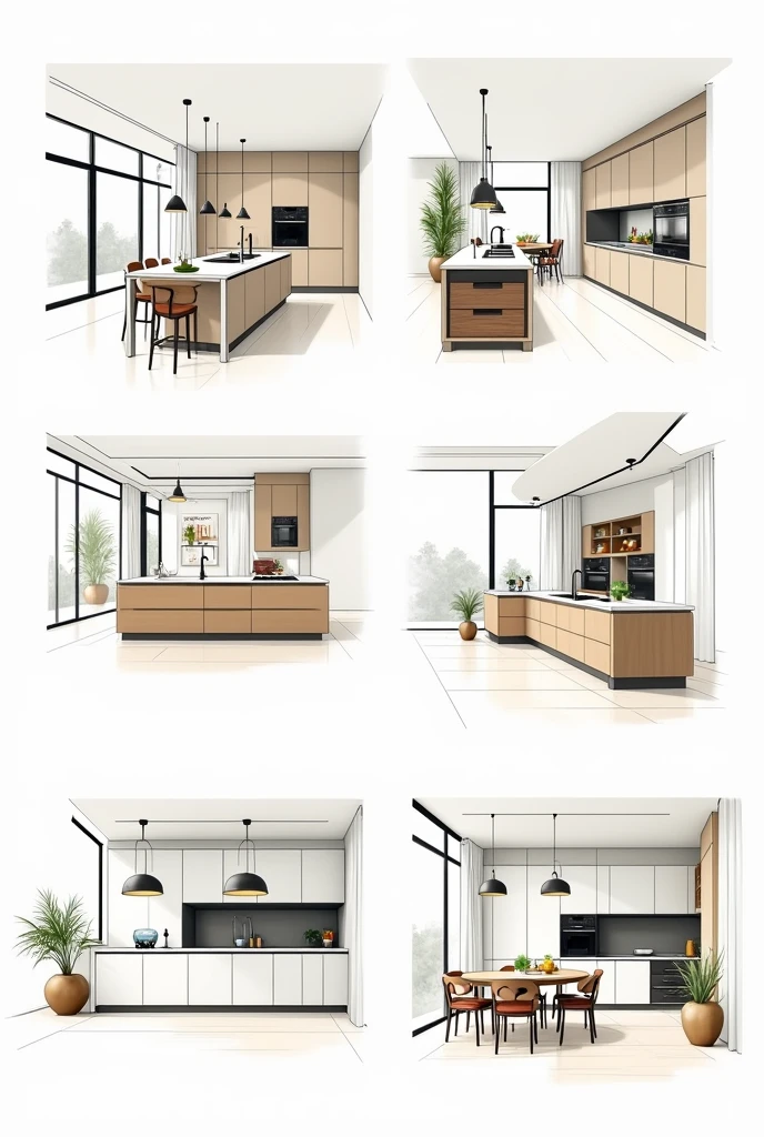 Modern house Interior kitchen design six different Sketches