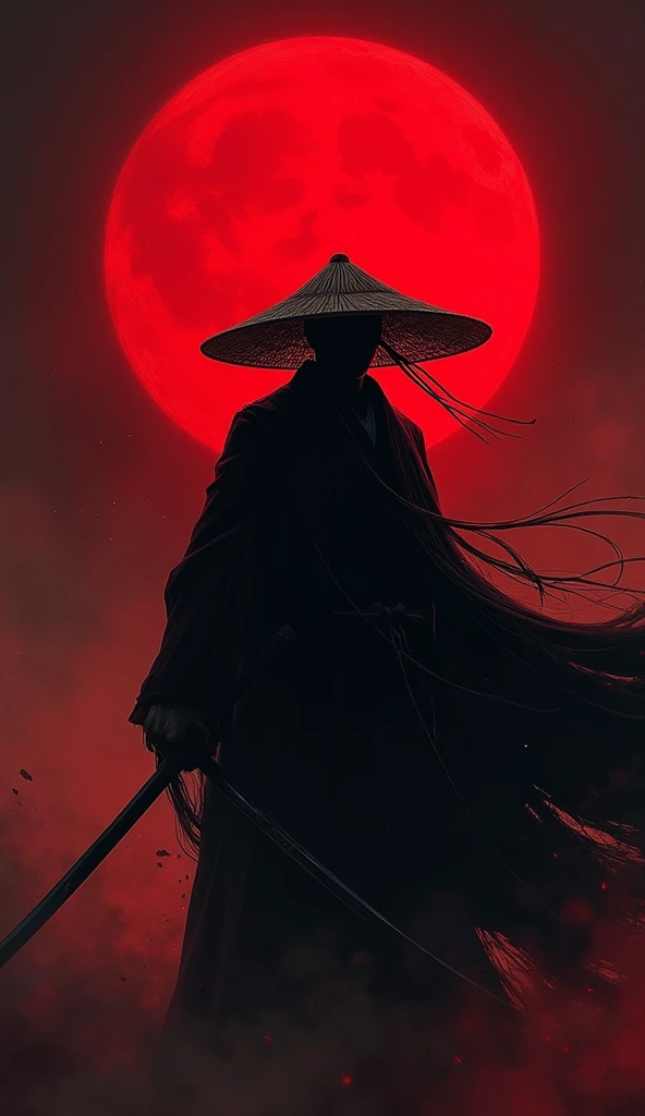 Demon Slayer 1 Yoriichi Tsugikuni。silhouette,There is a red moon in the background、Slashing diagonally,Show me the sword、He is wearing a straw hat,The color is black.、The moon is in the center of the body、No Face。