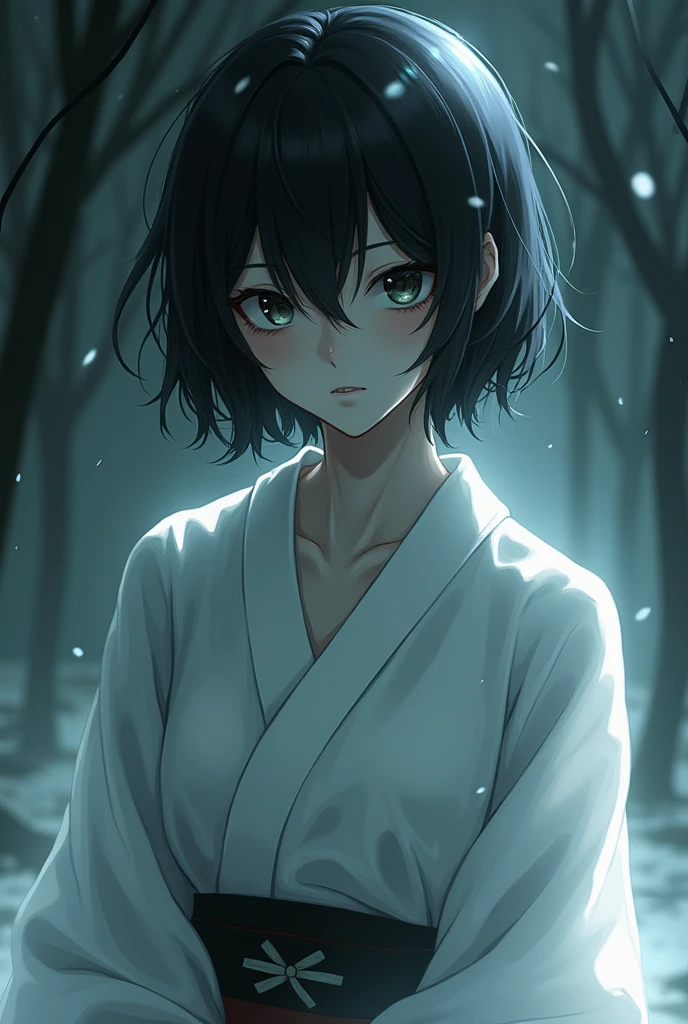 Very detailed anime art style, female, very detailed hair, dark hair, very short hair, very messy hair, bangs covering eyes, extremely detailed clothes, white kimono, creepy, scary, ghost like