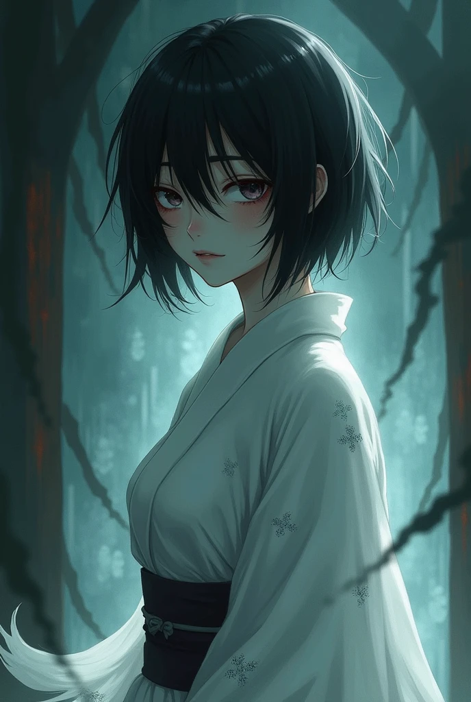 Very detailed anime art style, female, very detailed hair, dark hair, very short hair, very messy hair, bangs covering eyes, extremely detailed clothes, white kimono, creepy, scary, ghost like