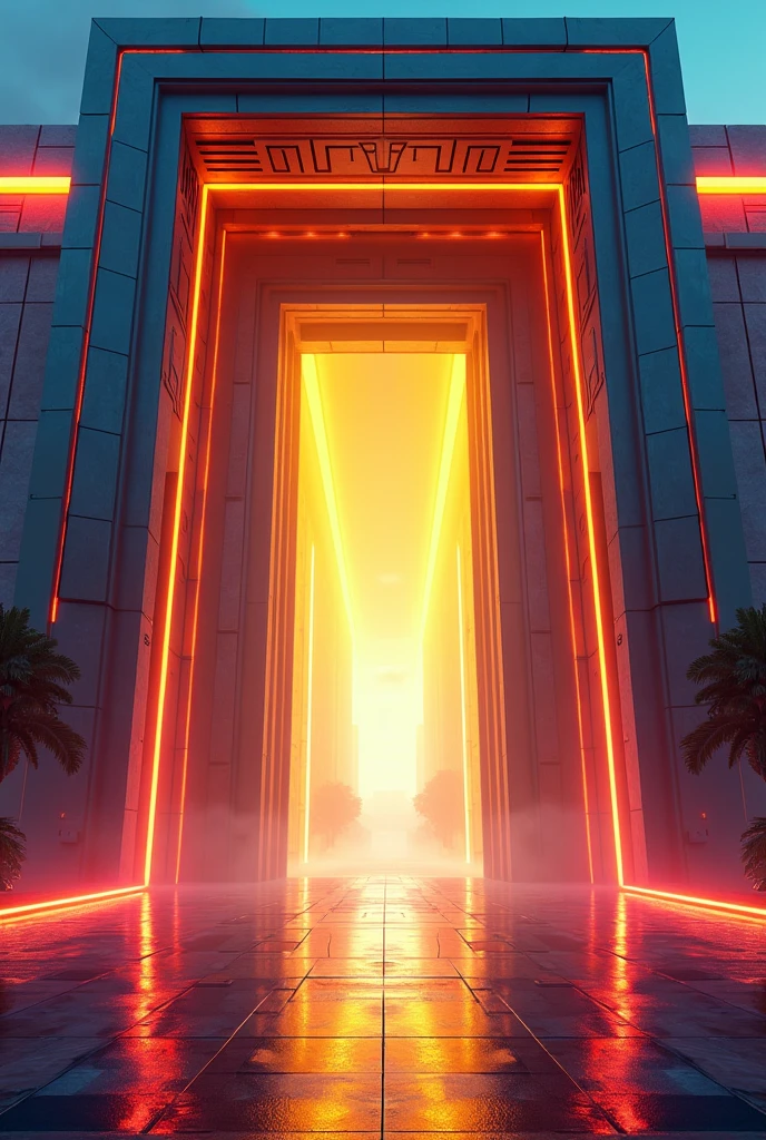 Great gate of a futuristic city, ouverte sur un boulevard lumineux, in yellow colors, Red and blue,