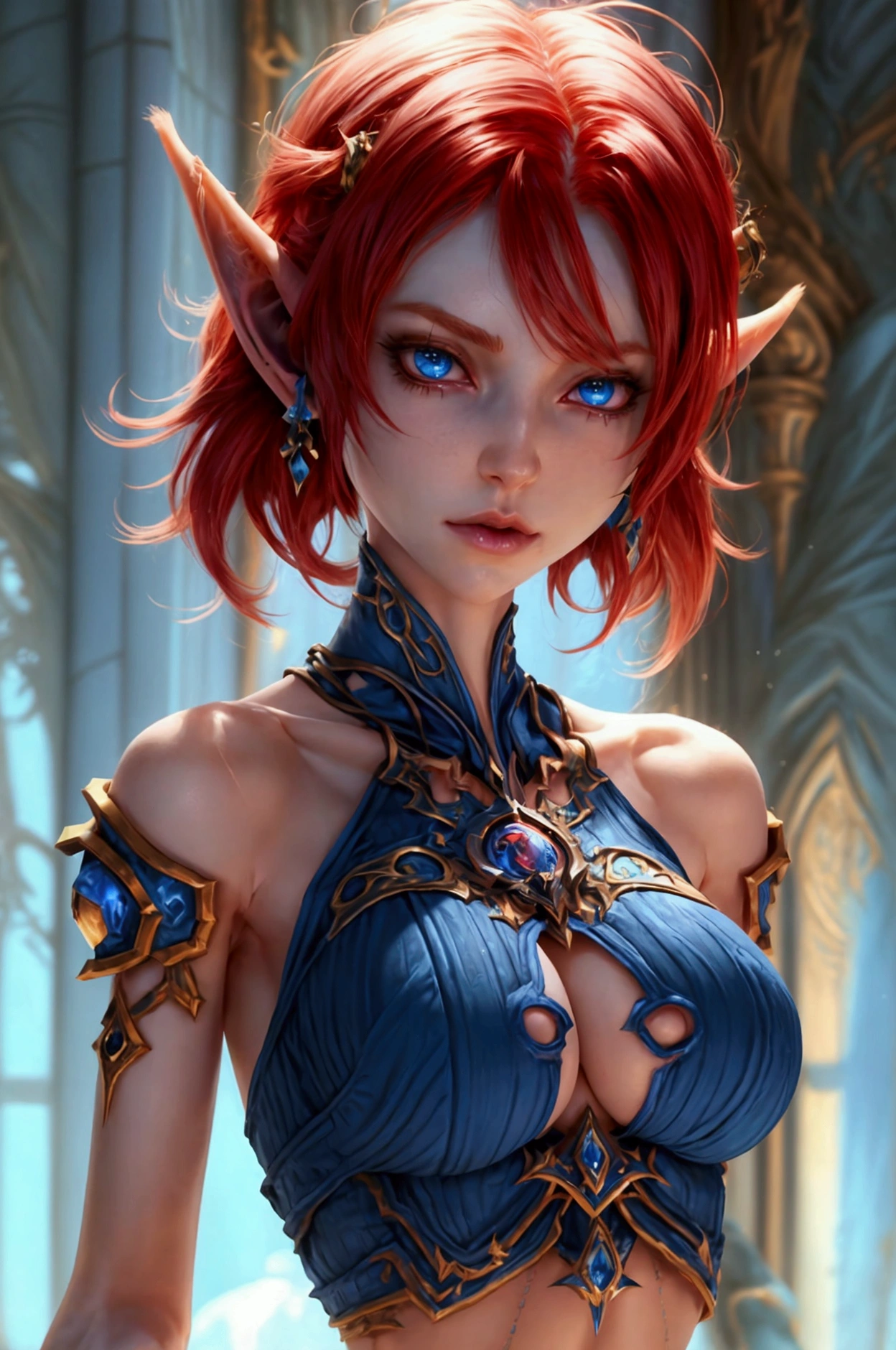 A (((full-body))), ((ultra-detailed)), ((masterpiece)) fantasy art illustration of a ((World of Warcraft)) character, in the style of the video game. She is a beautiful, young, female ((human)) with short red hair and blue eyes. She has ((small round ears)). She has exquisite caucasian features and ((very pale)) ((milky-white skin)). She has a ((very slim body)), with a tiny waist and skinny limbs, but her ((breasts are huge and round)), and look far too big for her slender little body.  She is wearing only a skimpy blue top that reveals significant cleavage, and a very short skirt that leaves her ((very thin thighs)) completely bare. She is standing in a provocative pose that shows off her ((skinny legs)) and ((bare feet)). Her (((whole body from head to toe))) is shown.