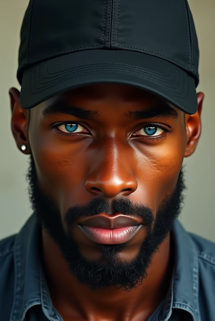 African man with skin color like Ronaldinho, approximately 1, blue colored eyes.
wearing black cap