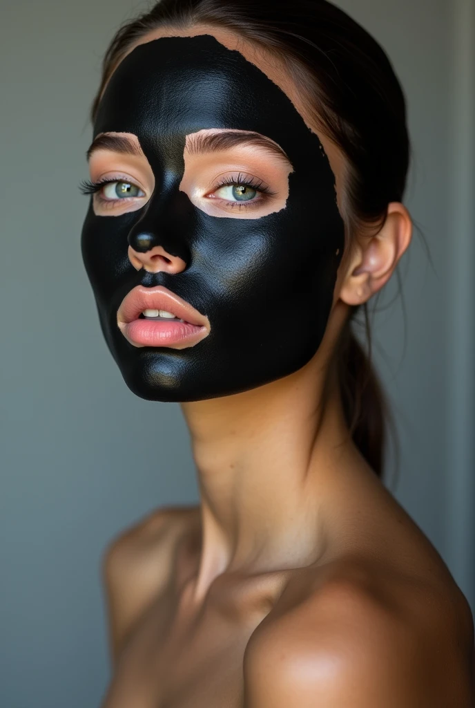 Real female model creative and aesthetic shoot with applied charcoal face mask