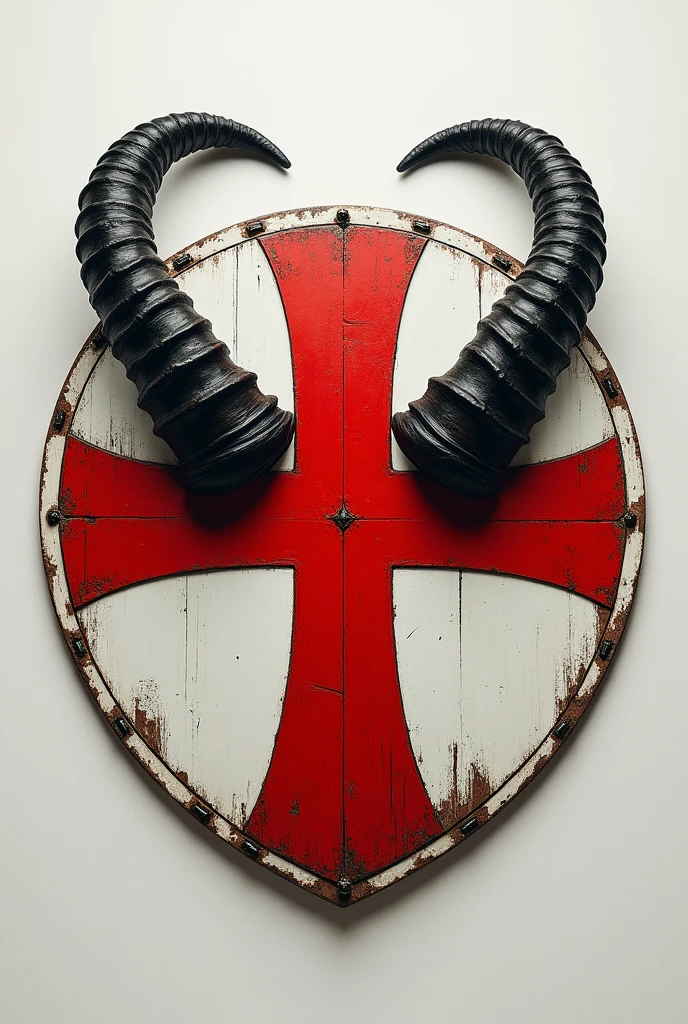 Create a shield based on this: The PRC shield consists of a white circle with a red Celtic cross in the center., symbolizing the purity of the white race. Inside the circle are two black goat horns, representing white domination over other ethnic groups.