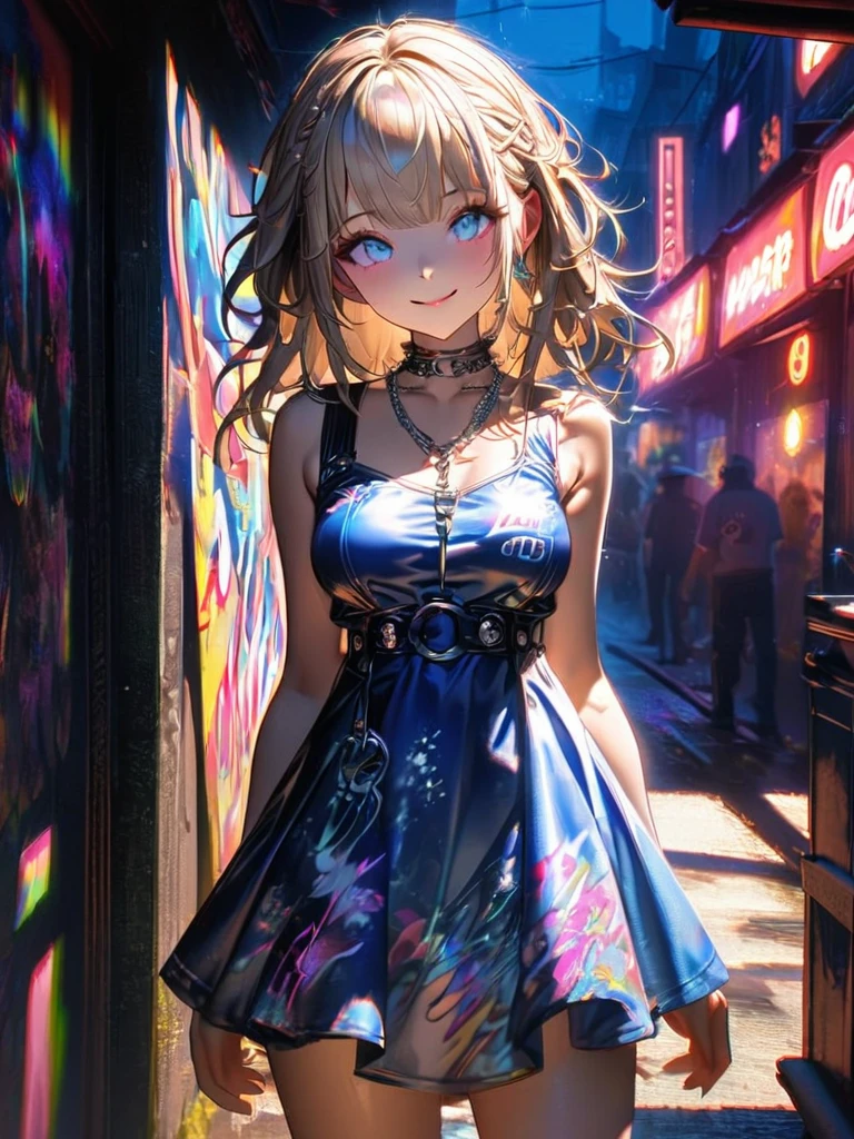 1 girl, chromatic aberration, Written boundary depth, Soft Light, masterpiece, Highest quality, complicated, Tone Mapping, A place where fireworks are set off at festivals. Concept Art, Smooth, Clear focus, Dramatic lighting, Very cinematic, super practical painting, アートステーション's trending, 8k, Incredible Shadows, practical,  whole body, View, Viewers, Portrait of a Girl 1, standing on street corner, Heavy rain and lightning、Dark Sky, neon and cyber punk background, she is dressed in punk clothing with silver chains and silver spikes, Her hair was dyed light brown.................Ominous aura of light, smile, punk, ciber punk, Backlight.Fashionable clothes、Friendly dress code: Wearing a pretty blue dress.My breasts are a little big