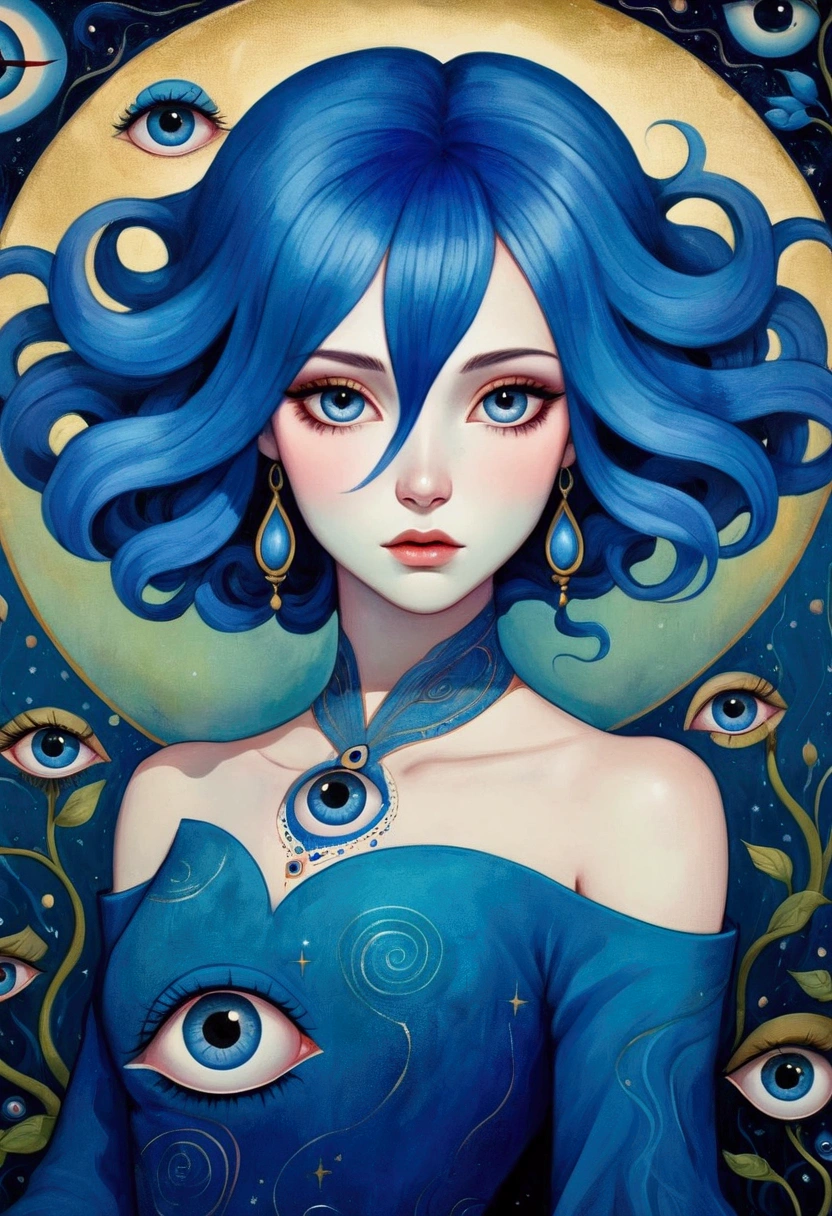 A painting of a woman with blue hair wearing a blue dress, Jeremiah Ketner (Jeremiah Ketner) Surrealism, Winner of the Behance competition, Psychedelic Art, Mysterious eyes, Fantasy Art style, Third Eye Vision, mystical The Third Eye, Complex eyes, The Third Eye, Magical eyes, Psychedelic Goddess, Beautiful art UHD 4K, Fantasy Art, Psychedelic surrealist art