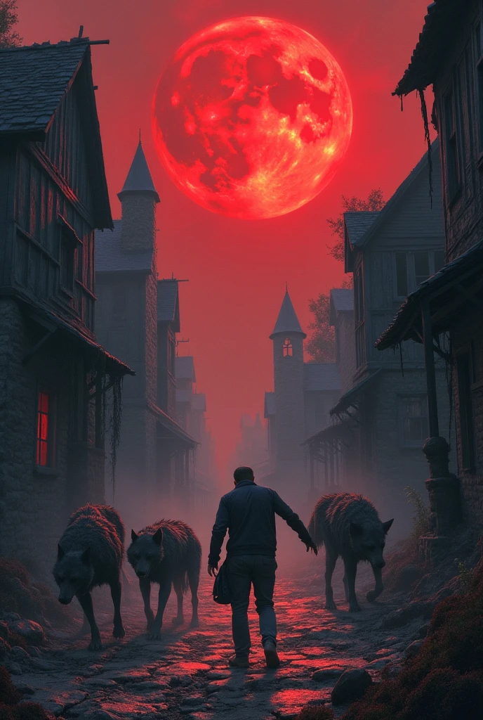 Ancient residences and a blood-colored moon , zombie wolves killing a man
