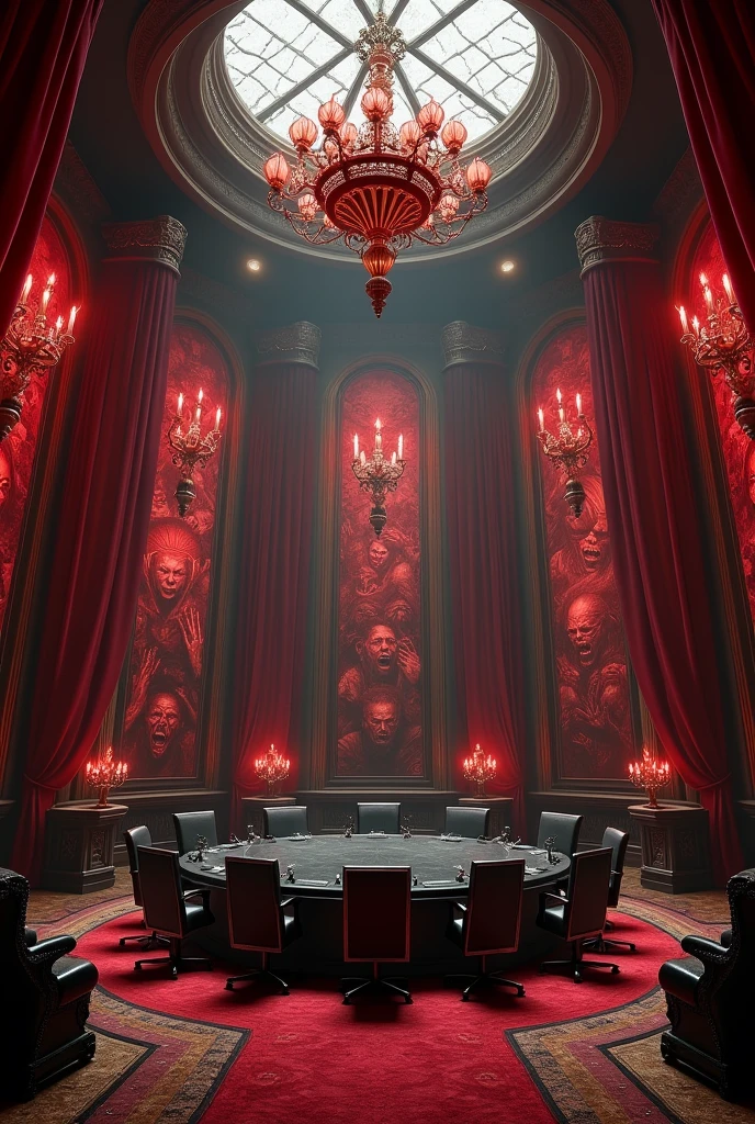 Create a hell-style meeting room that is big and very elegant with all kinds of decorations and pictures of demons., that there are windows with cherry curtains, chandeliers and put a circular black table in the middle with 6 chairs around it without people 