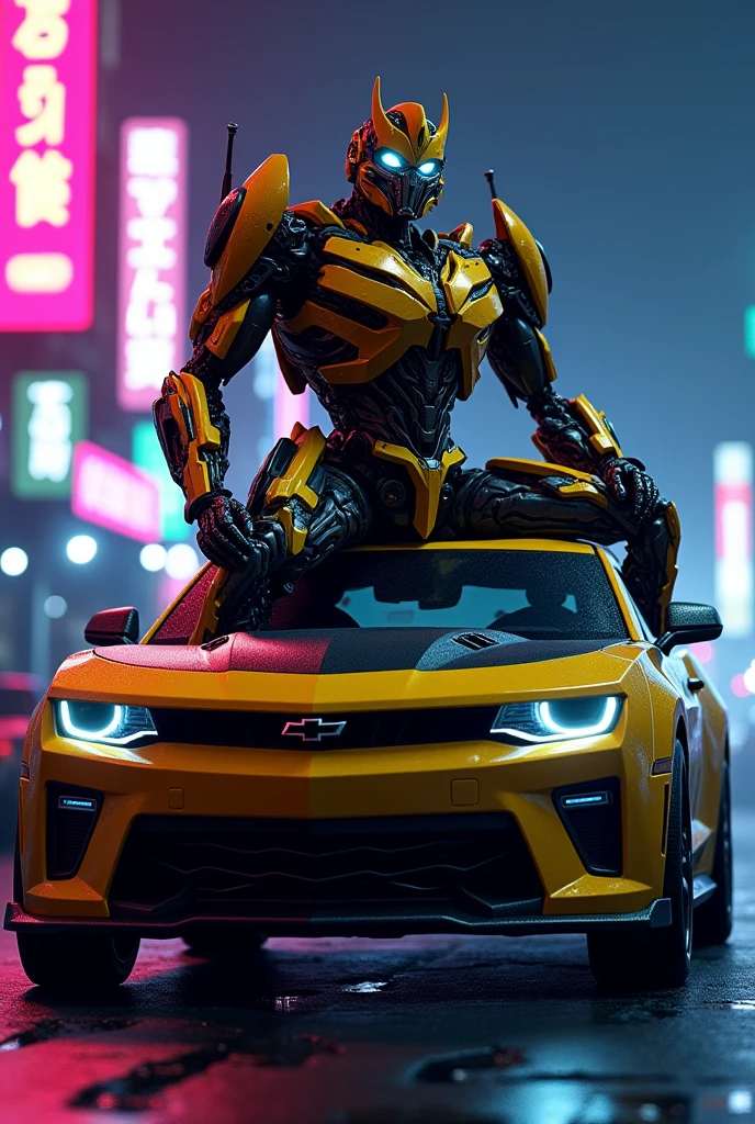 bumblebee transformer siting behind on own car at night with neon lights
