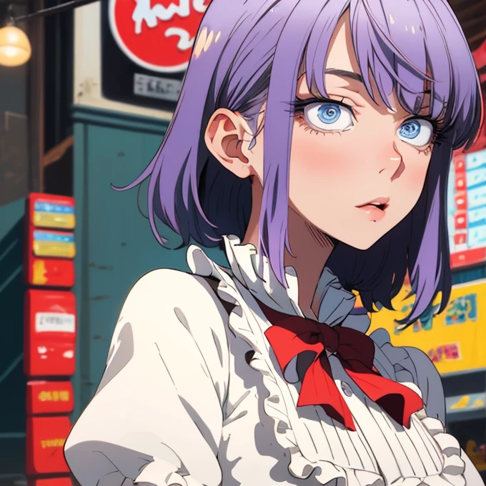 (highest quality, 4K, 8K High Resolution, masterpiece:1.2), Very detailed, one person, woman, (Perple Hair, short Hair, Blue eyes), Standing pose, Sexy vibe, Attractive breasts, Magic Hour, (bunny girl uniform), Emphasis on individuality and uniqueness, Fine and beautiful eyes, Beautiful lip detail, Long eyelashes, Bright colors, Photo Spot, In front of a white wall, Cowboy Shot, Soft and warm color palette,Emphasized breasts,Embarrassed expression,A long-established sweet shop、Scenery of sweets lined up、Chew candy