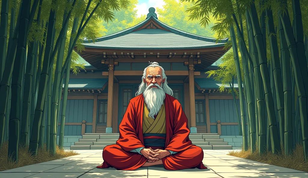 An elderly Zen master, Koji, sits peacefully in front of his temple, which is surrounded by towering bamboo trees. Koji is dressed in simple, traditional robes and has a calm, wise expression on his face. The sunlight filters through the bamboo leaves, casting dappled light on the ground and the temple's wooden structure. The setting exudes a sense of tranquility and deep wisdom." In Comic style give long hair and beard