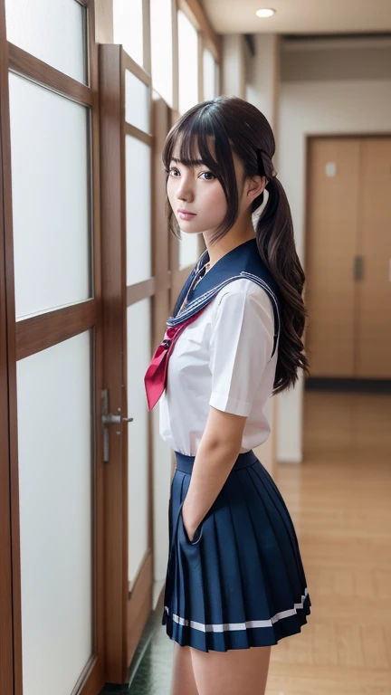 a beautiful young japanese school girl, beautiful detailed eyes, beautiful detailed lips, extremely detailed face, long eyelashes, school uniform, pleated skirt, sailor style collar, standing in a school hallway, (best quality,4k,8k,highres,masterpiece:1.2),ultra-detailed,(realistic,photorealistic,photo-realistic:1.37),vibrant colors,intricate details,cinematic lighting,award winning photograph,highly detailed anime style