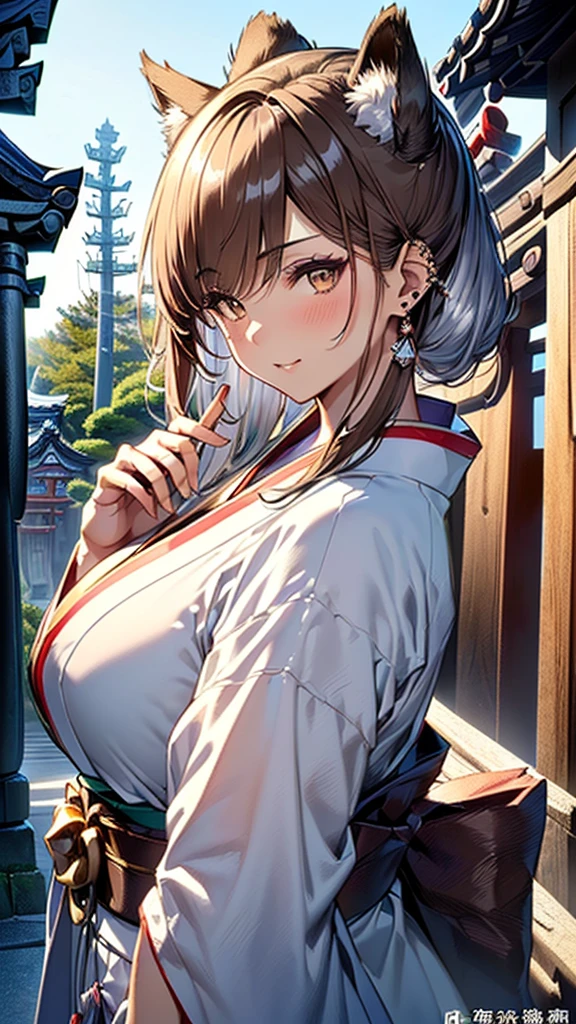 ((1girl, female, European woman, pale skin, brown hair, long hair, makeup,  pierced ears, jewelry,  green kimono, kimon:1.2)),(masterpiece), (((highest quality))), ((Super detailed)), ((Ultra-fine illustrations)), ((Ultra-fine painting)), (16K Highest quality wallpaper:1.4), (Upper Body:1.6), High resolution, (Highly detailed and subtle illustration style:1.8), Detailed skin texture, Detailed cloth texture, Very detailed explanation, (Tmasterpiece), (Highly detailed face:1.2), (Very detailed beautiful eyes:1.2), original, RAW Photos, Professional, Intricate details, Super Detail, Direct sunlight:1.6, (Perfect Anatomy:1.4), (Extremely elaborate hands:1.2), (Highly detailed fingers:1.2), (Very dexterous fingers:1.2), (2), Genuine, (alone:1.6), (A traditional Japanese sacred shrine maiden。:1.4)), (Very detailed and delicate silver fox ears:1.4), (Beautiful and well-shaped big breasts:1.2), (Beautiful and shapely butt), (Clear brown eyes that shine beautifully in every detail:1.6), (Very delicate and detailed brown eyes:1.2), (Highly detailed face:1.4), (smile:1.3), (blush:1.2), (View Viewer:1.4) break, (Japan shrines、Colorful and divine々Beautiful traditional shrine maiden costume:1.4), (Traditional Japanese clothing:1.2) break (Highly detailed and beautiful Ise Shrine in Mie Prefecture just after noon in spring in the background:1.6), Ise Shrine:1.2, Torii gate of Ise Shrine:1.2,  The precincts of Ise Shrine:1.2, Very beautiful against the clear sky after noon.:1.2 brake 