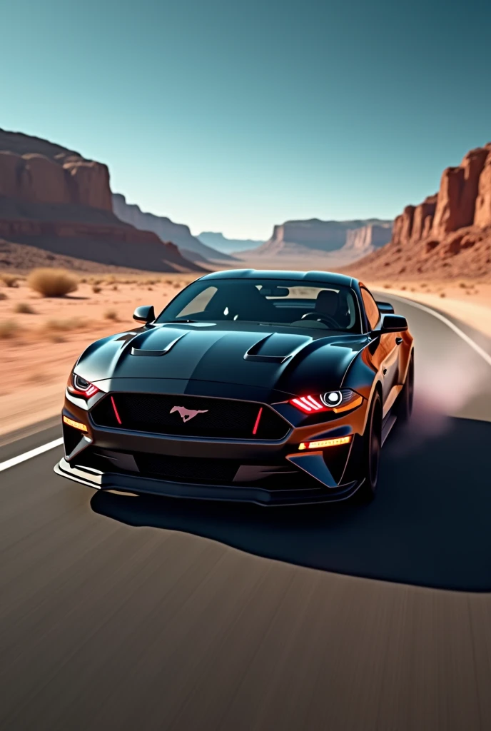 A black mustang with red headlight exhausting at a straight road in desert in dark