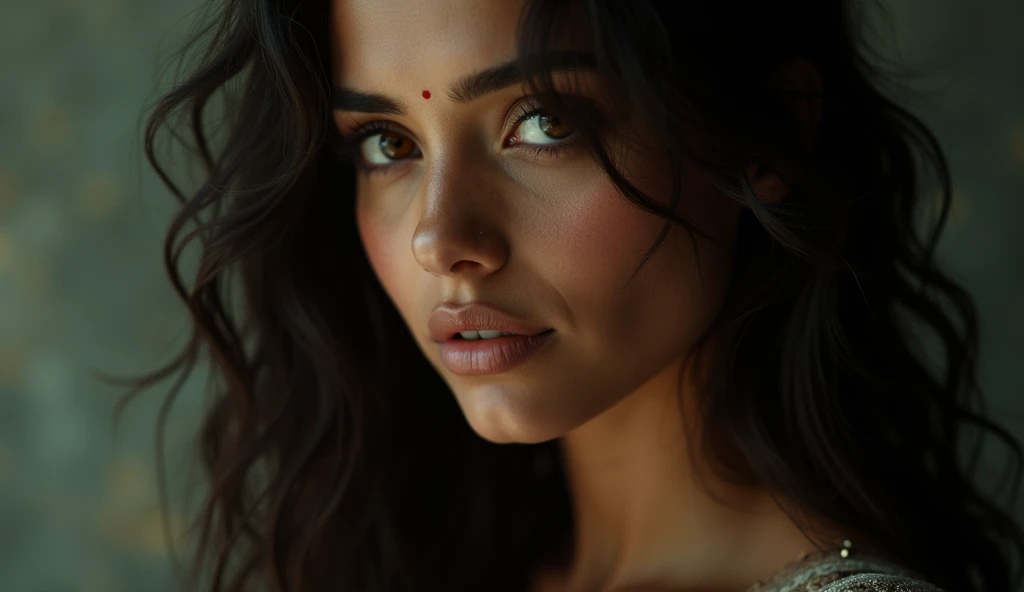 a beautiful mysterious Indian woman, Western fashion, intricate detailed face, piercing eyes, long eyelashes, delicate skin, natural beauty, flowing hair, candid elegant pose, dramatic lighting, cinematic mood, muted color palette, chiaroscuro lighting, high quality, photorealistic, 8k, intricate details, professional rendering