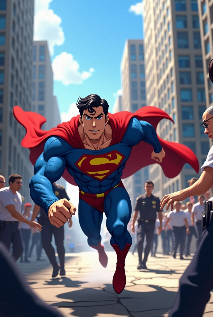 3D anime image of Superman escaping from the police and people watching the scene