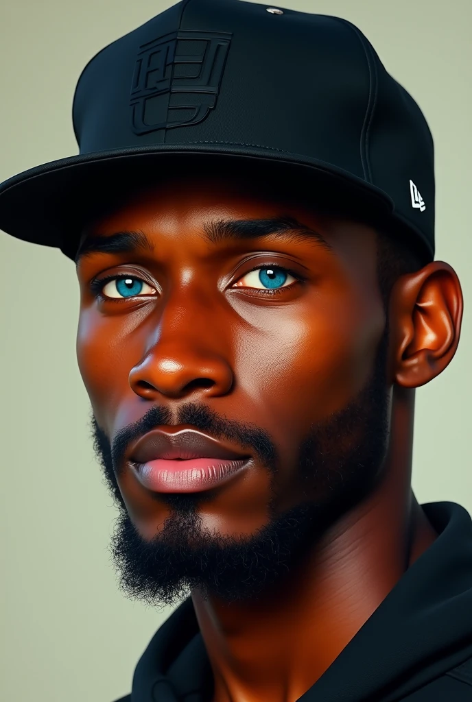 African man with skin color like Ronaldinho, approximately 1, blue colored eyes.
wearing black cap
