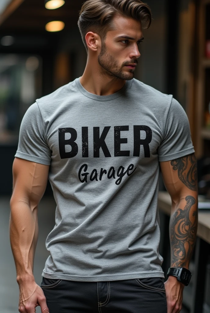 GREY T-shirt with print "BIKER GARAGE "
Sophisticated eye-catching