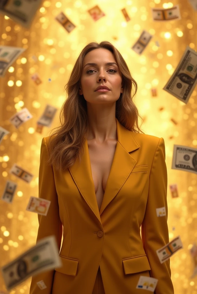 Generate an image of a middle-aged woman , medium height, light brown eyes, size M, long light brown hair, dressed in a gold-gold suit with the jacket closed, and may it rain down on you from heaven many, lots of dollar bills, euros, pounds sterling, with a golden sky, full body .