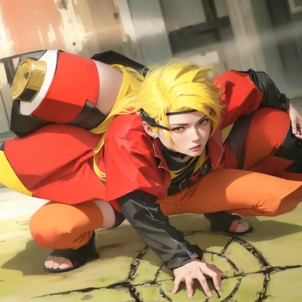 perfect character with a red outfit and yellow hair crouching down, realistic