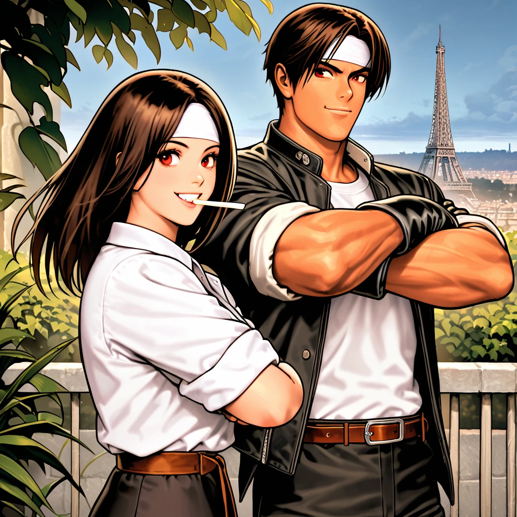 Orochikyo, Two People, Dark Skin, Red Eyes, ((black jacket with rolled up arms)), Fingerless Gloves, Dark Hair, White T-shirt, ((white headband)), Black Pants, White Shoes, Brown Belt, Handsome, Shot, Attractive, Masterpiece, High Resolution, Detailed Face, Fine Grain, Confident Smile Promenade des Anglais, Paris background, man and woman, smiling, man and woman same hair and clothes, peace sign. Rainy sky, with lover, , eating on terrace with lover, drinking juice, man and woman minding the rain,