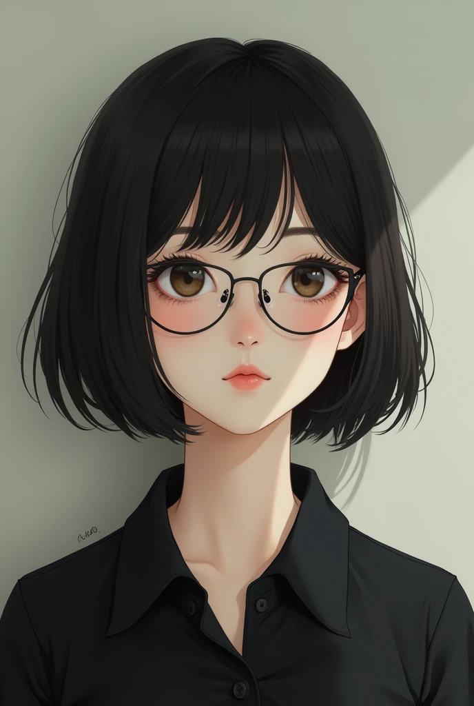 Make the image of a light-skinned girl, with glasses, small eyes, small lips,black blouse, medium black hair.