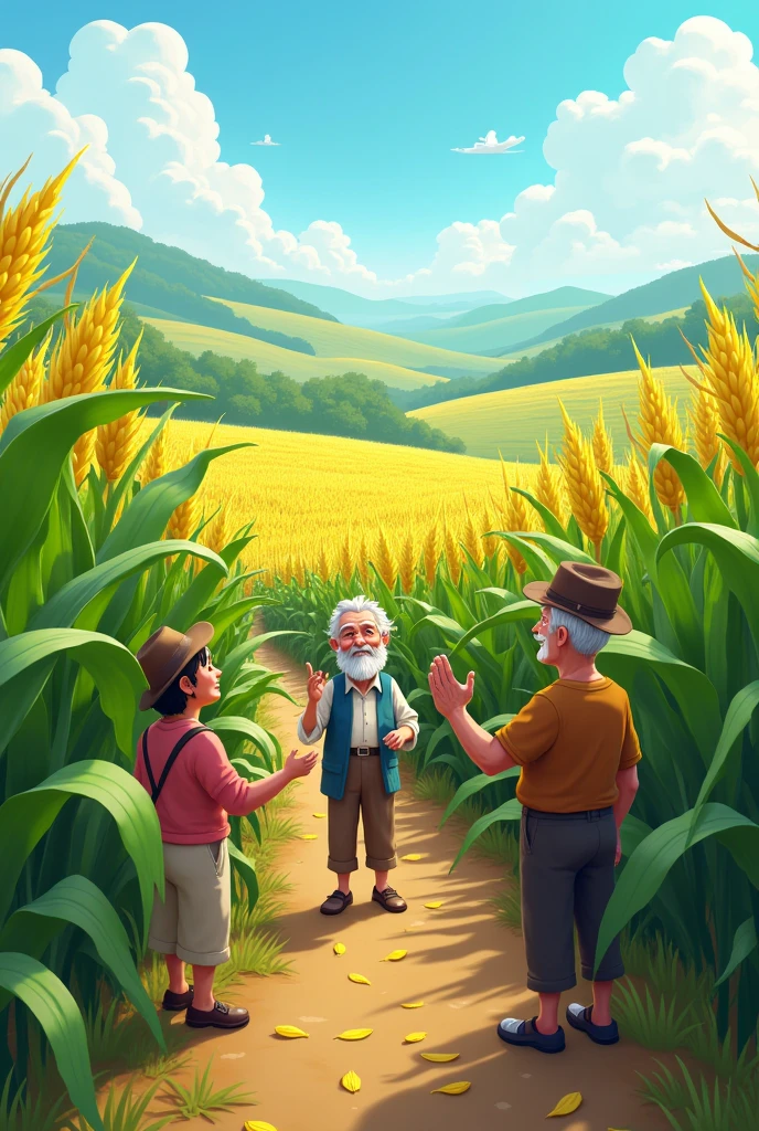 Corn field is ready and well grow for chopping all villagers are very happy and also old farmer and his older friends cartoon 