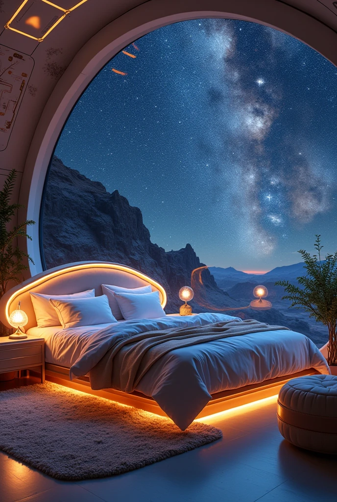 Gorgeous bedroom in a space dome。A fantastical world where you can see twinkling stars and the Milky Way。A super happy bedroom where you can sleep while looking at the beautiful universe
