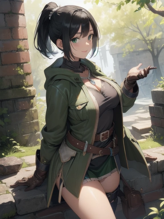 ((extremely detailed 8k illustration)), highres, (extremely detailed and beautiful background), ultra detailed painting, professional illustrasion, Ultra-precise depiction, Ultra-detailed depiction, (beautiful and aesthetic:1.2), HDR, (depth of field:1.4), colorful, vivid, beautiful detailed glow light particles, intricate:1.4, nice hands, perfect hands, (young girl), ((kawaii)), (highly detailed beautiful face and eyes, big breasts, firm breasts), freckles, oily skin, ((black hair,black eyes, (bob with short ponytail hair))), thin pubic hair, cute lovely, cheerful disposition, bashful, smile sweetly, full body, full body, thick thighs, (((A sturdy green travel coat))), ((silver breastplate)), sturdy tunic, (leather gloves), (Leather boots), ((leather belt:1.2 with pocket:1.1)), A necklace adorned with magic stones, old ruins
