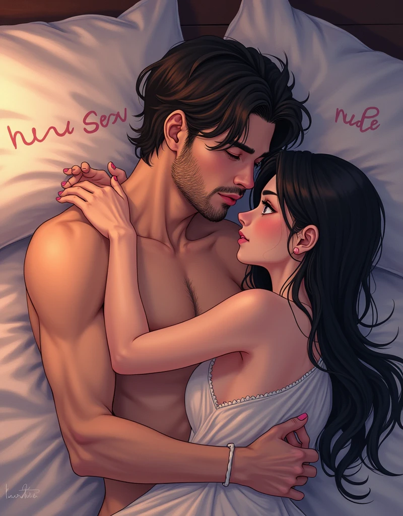 Create a anime style landscape image. A young woman with black hair and brown eyes having "(nude sex)" on the bed with a young man with brown hair and "dark medium beard".
