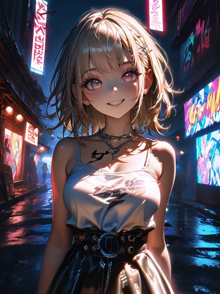 1 girl, chromatic aberration, Written boundary depth, Soft Light, masterpiece, Highest quality, complicated, Tone Mapping, A place where fireworks are set off at festivals. Concept Art, Smooth, Clear focus, Dramatic lighting, Very cinematic, super practical painting, アートステーション's trending, 8k, Incredible Shadows, practical, whole body, View, Viewers, Portrait of a Girl 1, standing on street corner, Heavy rain and lightning、Dark Sky, neon and cyber punk background, she is dressed in punk clothing with silver chains and silver spikes, Her hair was dyed light brown...............Ominous aura of light, smile, punk, ciber punk, Backlight.Fashionable clothes、Friendly dress code: Wearing a white camisole and shirt.My breasts are a little big