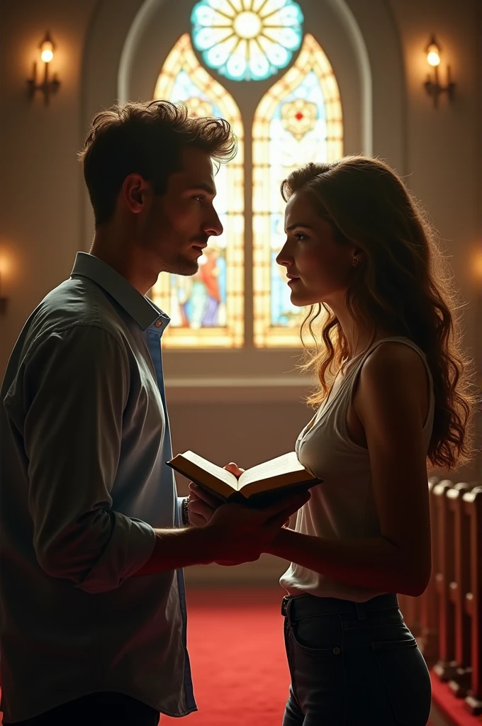 A young man and a young woman confront each other with a Bible inside an evangelical church 