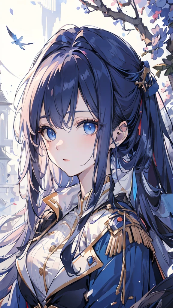 (best quality,4K,highres),detailed and realistic portrait,anime style,beautiful girl with long deep blue hair,gorgeous sapphire eyes,White military uniform,Blue trench coat,dagger,swallow