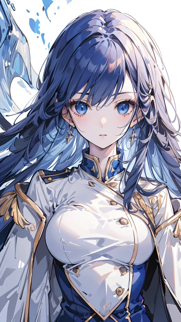 (best quality,4K,highres),detailed and realistic portrait,anime style,beautiful girl with long deep blue hair,gorgeous sapphire eyes,White military uniform,Blue trench coat,dagger,swallow